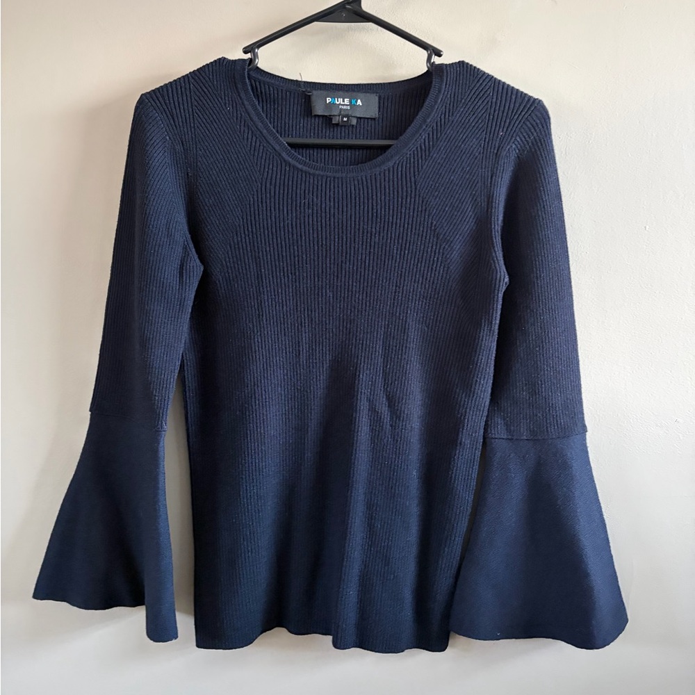 PAUL KA Paris Navy Blue Knit Sweater Shirt - Size‎ Medium - Bell Sleeve